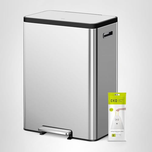 EKO Madison Brushed Stainless 25L+20L Dual Compartment Step Trash Can with Inner Liner, Recycling Bin, Soft-Close Lid, Fingerprint-Resistant Finish, and Durable Stainless Steel for Home and Office