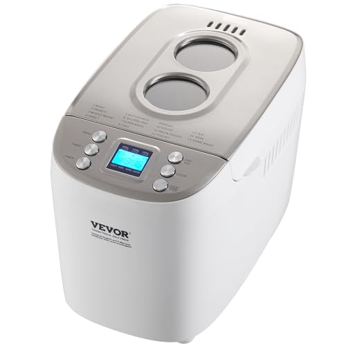 VEVOR Bread Maker, Dough Machine 15 Menus in 1, Non-Stick Ceramic Pan Automatic Breadmaker with Non-Gluten Setting, Whole Wheat Bread Making, Digital, Programmable, 3 Loaf Sizes, 3 Crust Colors, White