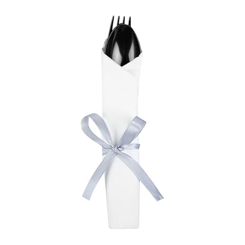 Restaurantware-7.3 Inch x 2 Inch Plastic Cutlery Sets, 100 Plastic Flatware Sets - Silver Ribbon, With White Napkin, Indivudally Wrapped, Black Plastic Disposable Cutlery Sets, For Weddings And Events