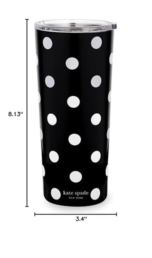 kate spade new york Cute Stainless Steel Mug, 24 Ounce Travel Tumbler, Double Wall Insulated Cup with Lid, Picture Dot (Black/White)