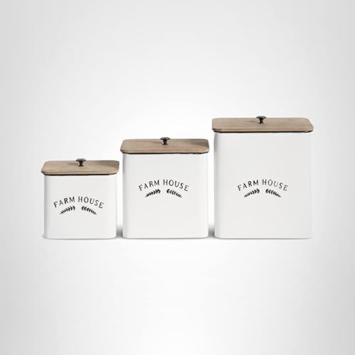 Deco 79 Metal Decorative Canisters Farm House Containers with Wood Lids and Black Accents, Set of 3 Keepsake Boxes 11", 9", 7"H, White