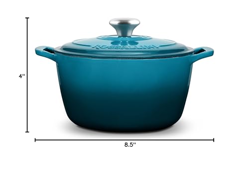 ROSSALLINI Signature Enameled Cast Iron Dutch Oven, Non-Stick Serving Pot with Tight Fitting Lid for Perfect Roasting, Baking, Sauteing, and Bread Making | 3.5Q (3.3L) - Ocean Blue