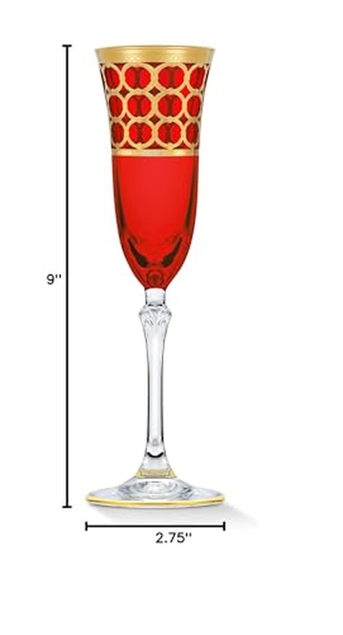 Lorren Home Trends Deep Red Colored Champagne Flutes with Gold Rings, Set of 4