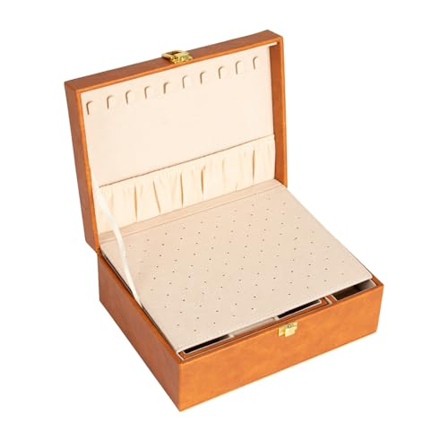 Household Essentials Vegan Leather 2-Layer Jewelry Organizer Box with Clasp Closure, Caramel Color