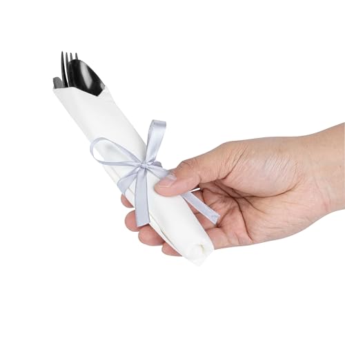 Restaurantware-7.3 Inch x 2 Inch Plastic Cutlery Sets, 100 Plastic Flatware Sets - Silver Ribbon, With White Napkin, Indivudally Wrapped, Black Plastic Disposable Cutlery Sets, For Weddings And Events