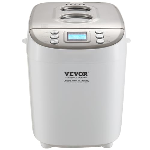VEVOR Bread Maker, Dough Machine 15 Menus in 1, Non-Stick Ceramic Pan Automatic Breadmaker with Non-Gluten Setting, Whole Wheat Bread Making, Digital, Programmable, 3 Loaf Sizes, 3 Crust Colors, White