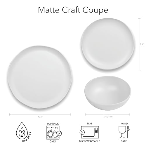 Abode Homewares Matte Craft Coupe 10.5'' Dinner Plate Durable Melamine Indoor/Outdoor, Shatter-Resistant, and Dishwasher Safe Dinnerware for Camping and Outdoor Dining - White - Set of 6