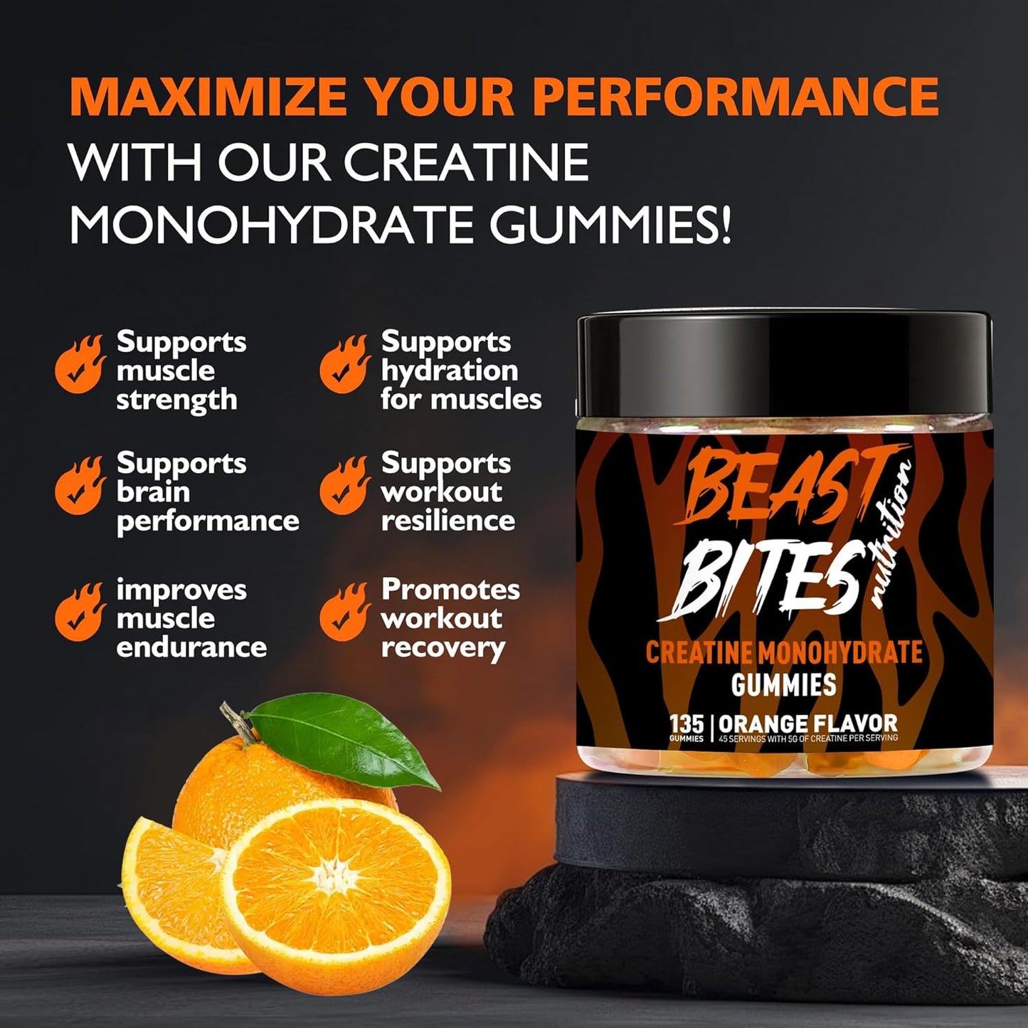 Creatine Monohydrate Gummies for Men & Women - 5g of Creatine Monohydrate per Serving - Sugar Free,Vegan, Orange Flavor, 135 Count (45 Servings).