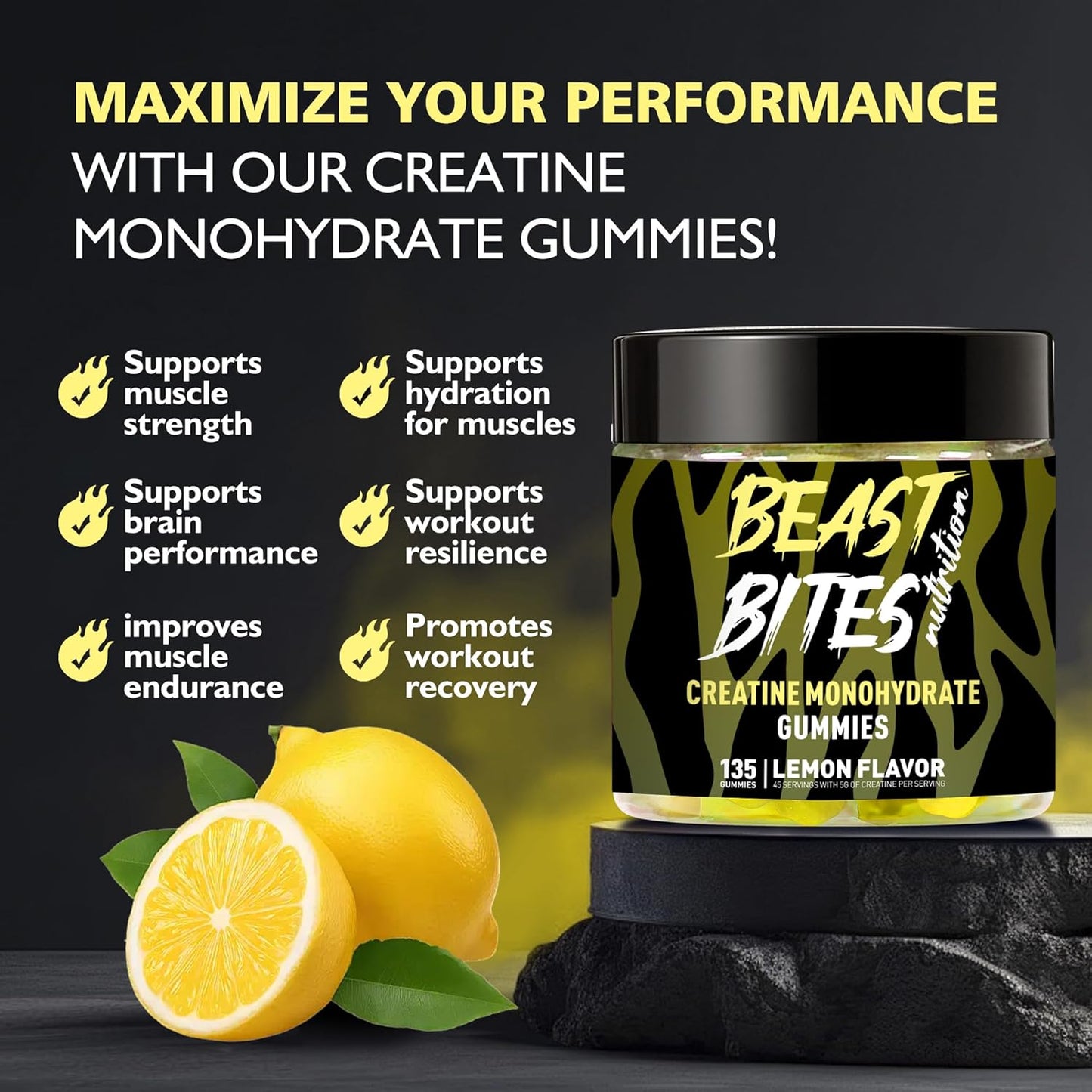 Creatine Monohydrate Gummies 5000mg (135 Count)-Lemon Flavor.
