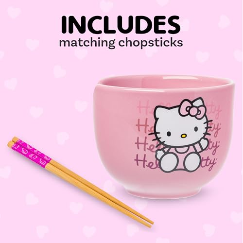 Silver Buffalo Sanrio Hello Kitty Waving Pink Ceramic Ramen Noodle Rice Bowl with Chopsticks, Microwave Safe, 20 Ounces,