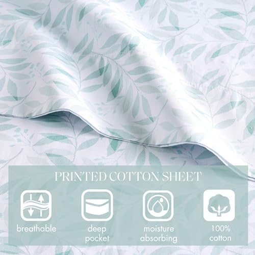 Madison Park 100% Cotton Sheets, Breathable & Soft Cotton Bed Sheets, Printed Design, Elastic Pocket Cotton Sheet Set Fits Up to 17" Mattress, All Season, Queen Green Leaves 4 Piece