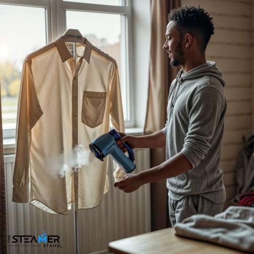 The Steamer Stand Deluxe | Adjustable Standing Garment Steaming Rack with Hanger | Fast, Foldable, Portable Clothes Steam Ironing Solution for Travel & Home
