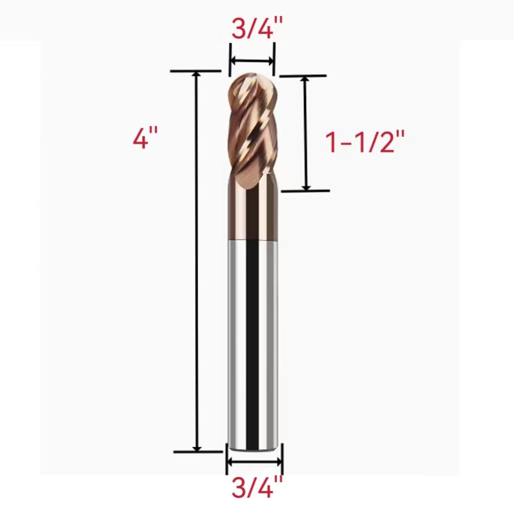LAHDYFHOE2 Pcs 4 Flutes Carbide 3/4” Dia 3/4'' Shank Ball Nose End Mill, 4-Edge CNC Milling Bits Cutter Iron-HRC55 - TISIN Coated Bits Set CNC Router Bits