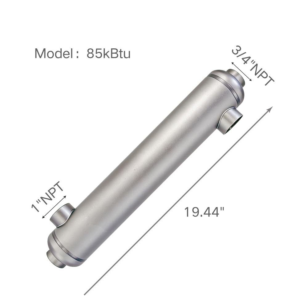 RIYI Shell and Tube Heat Exchanger 85kBtu Titanium Pool Heat Exchanger Ports Size 2 1/2"+ 4" NPT for 6600 Gallon for Spa/Solar/Swimming Pool (25ti-85kBtu-s)