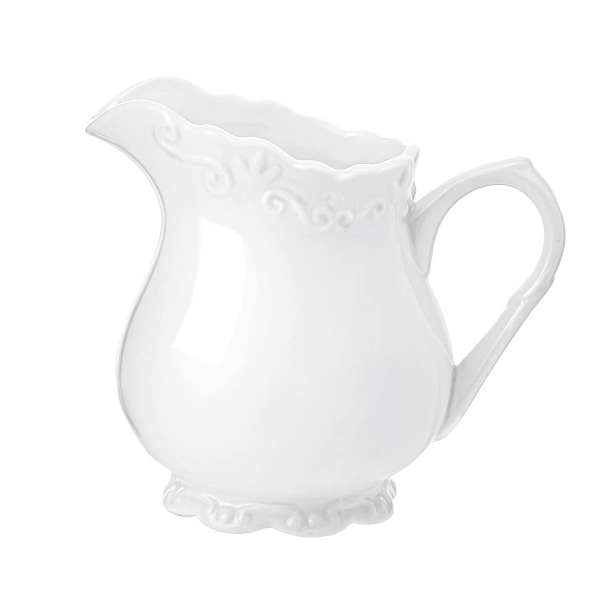 Sizikato Pure White Porcelain Creamer Pitcher with Handle, 6oz Embossed Ceramic Serving Pitcher for Tea Coffee Milk.