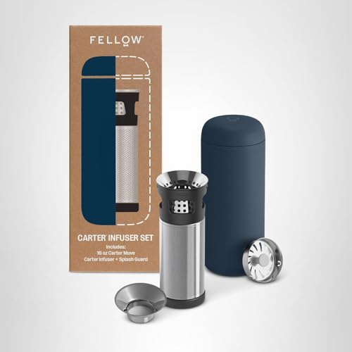 Fellow Carter Tea + Cold Brew Infuser & Carter Move 16 oz Tumbler Set - Steep Tea On-The-Go - Vacuum-Insulated Stainless Steel Travel Mug w/Snap-In Infuser For Steeping Tea, Cold Brew, Stone Blue