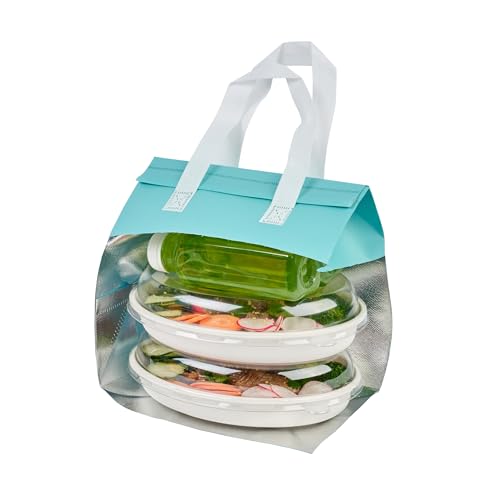 Restaurantware Insulated Delivery Bags 100 Count 9.449 x 5.906 x 10.236 Inches Nonwoven Take Out Bags For Food With Sturdy Handles, Teal Insulated Grocery Bags Tamper-Evident Foldable