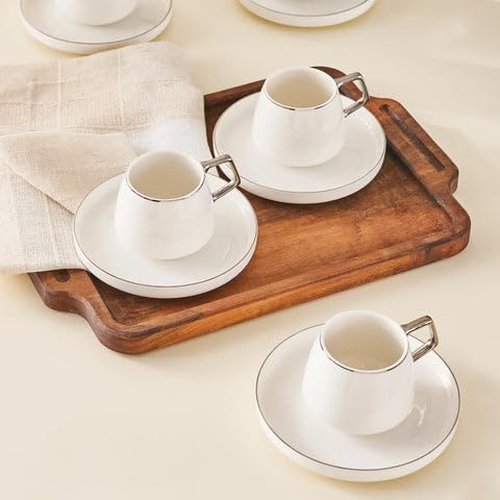 KARACA Saturn Platin Turkish Coffee Cup Set of 6, (12 Piece) White Cups with Saucers - 3.3 oz Small Porcelain Modern Set - Ideal for Serving Greek, Arabic Coffee & Espresso