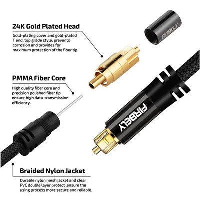 FIRBELY 8 Digital Toslink Cable Optical Audio Cable-S/PDIF Fiber Optic with Metal Connectors Braided Jacket Black Cable