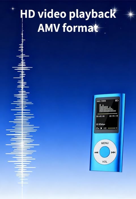 FKLBBLPM MP3 MP4 Portable Music Player, LCD Screen with Equalizer Display, MENU and VOL ControlsBlue