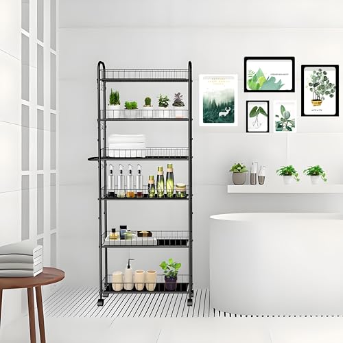 Seadasyoon 6in 6 Tier Slim Storage Cart with Wheels, Black Narrow Space Rolling Shelving Unit with Handle, Metal Wire Mobile Organizer Rack for Kitchen Bathroom Office Laundry