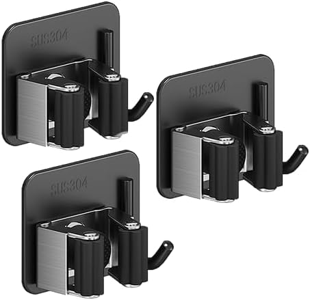 Skiennix Broom Holder Wall Mount - 3-Piece Garden Tool Organizer | Durable 304 Stainless Steel (Black)