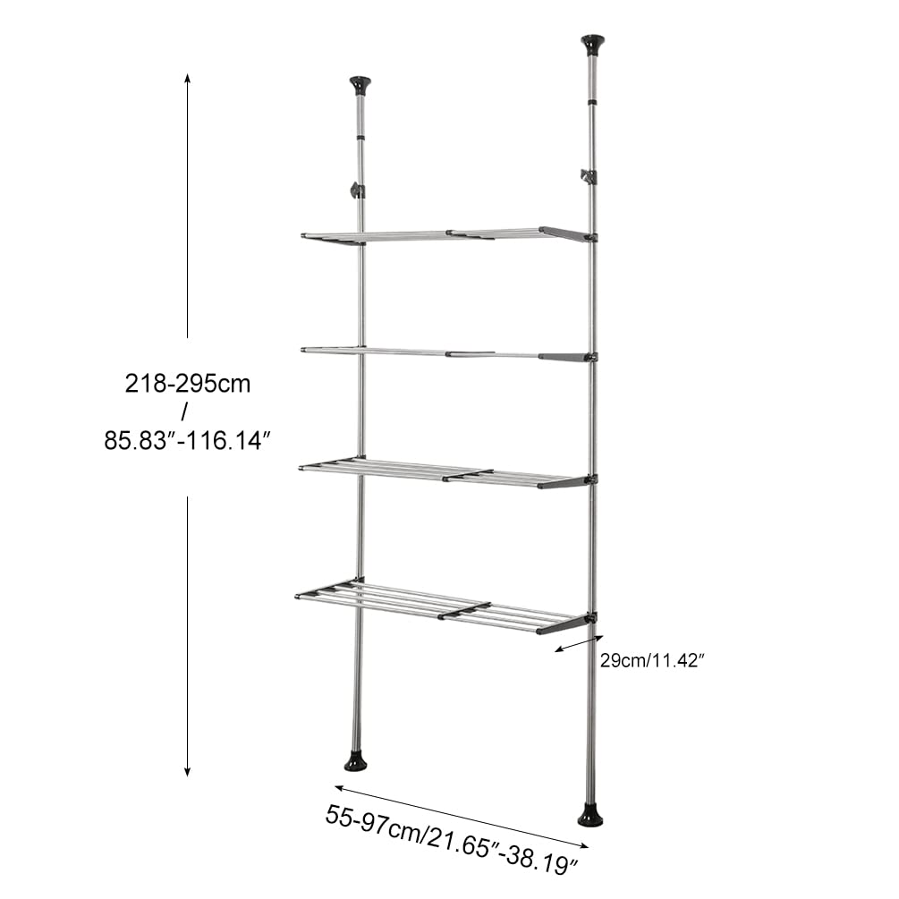 BAOYOUNI 4-Tier Expandable Laundry Shelf Over Toilet Washer Dryer Storage Rack Floor to Ceiling Bathroom Organizer Space Saver Tension Pole for Small Spaces, Black