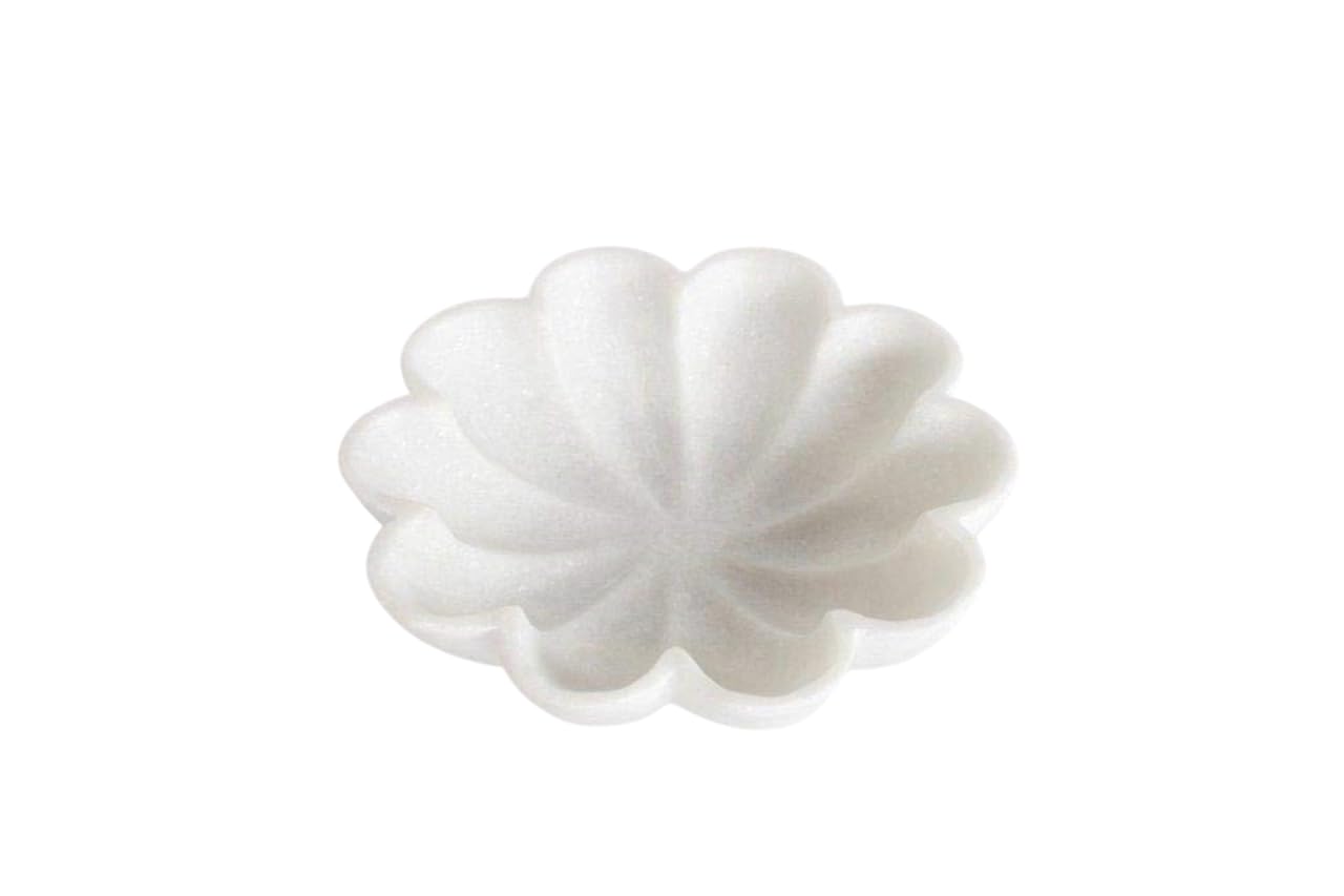 PUSHPA EXPORTS Handcrafted Marble Decorative Bowl Ripple Marble Bowl White Marble Flower Bowl Decorative Marble Scallop Bowl Ruffled Marble Bowl Ring Dish (3 inch)