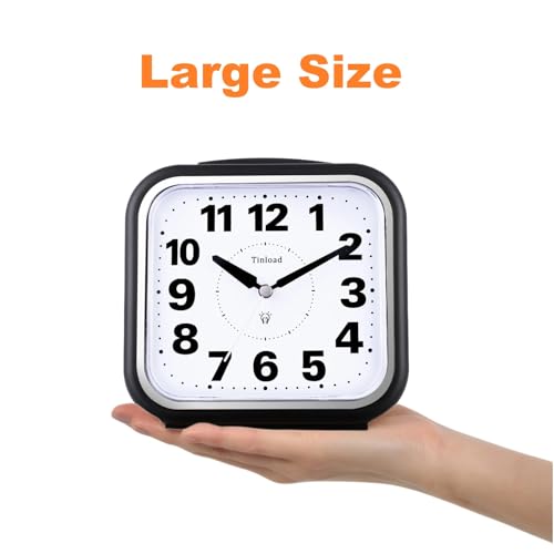 Tinload 5.5" Large No Ticking Analog Alarm Clock,Silent Readable for Seniors,Easy to Set,Gradual Rise Alarm,Big Numbers,Gentle Wake,Snooze, Lighted on Demand,Battery Operated,Black