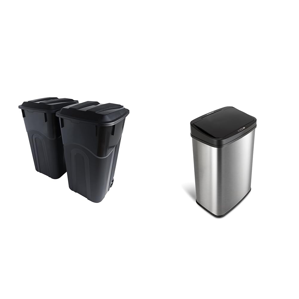United Solutions 32 Gallon 2 Pack Outdoor Trash Can Bundle with NINESTARS 13 Gallon Motion Sensor Trash Can