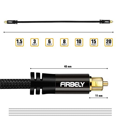 FIRBELY 8 Digital Toslink Cable Optical Audio Cable-S/PDIF Fiber Optic with Metal Connectors Braided Jacket Black Cable