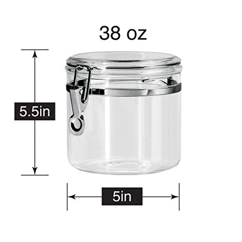 Oggi Clear Canister with Clamp Lid, 38 oz - Large Airtight Food Storage Container, for Kitchen & Pantry Storage of Bulk, Dry Foods Including Pasta, Flour, Sugar, Coffee, Rice, Tea, Spices & Herbs