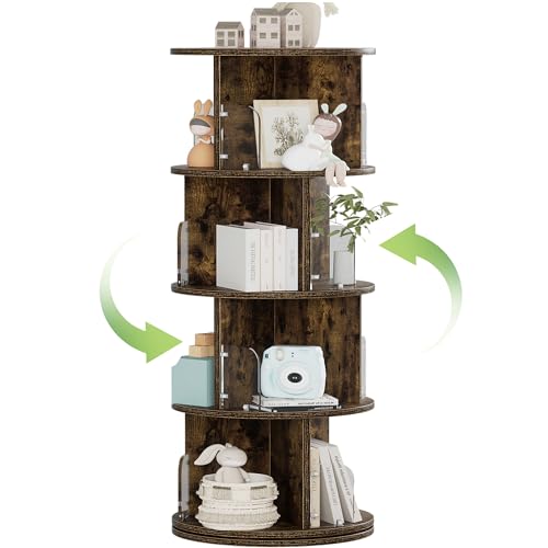 VECELO Rotating Bookshelf Tower, 360°Revolving Bookcase, Round Book Shelf Rotating, Stackable Storage Display Rack Floor Standing, Corner Bookshelf for Home Office, Deep Brown