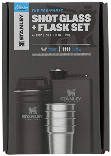 Stanley Adventure Pre-Party Flask and Nesting Shot Glass Set | 8 oz Leakproof Hip Flask | 4 Shot Glasses in Travel Carrying Case | Insulated Stainless Steel Liquor Flask | BPA-Free | Matte Black