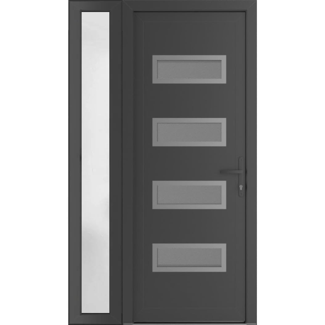 VDOMDOORS Front Exterior Prehung Metal-Plastic Door Frosted Glass | Manux 8113 Antracite Grey | Side Sidelite Transom | Residential Doors Entrance Patio Garage 44 x 80 (W32+12 x H80) Left-Inswing