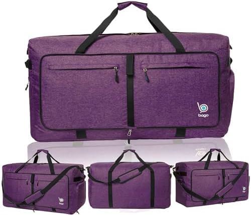 Bago Large Foldable Duffel Bags for Traveling Women & Men - 100L Packable Duffle Bag for Travel with Shoe Compartment - Water Repellant, Heavy Duty, Lightweight Folding & Collapsible (SnowDepPurple)