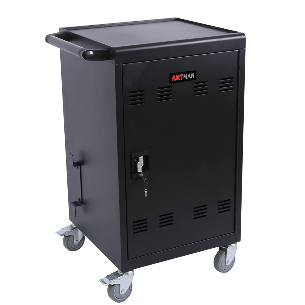 30 Device Mobile Charging Cart, Laptop Charging Cabinet, Mobile Cart, Locking Front and Rear Doors, Surge Protection, Easy Cable Management, Screen Size Up to 16.3 Inch for Classroom, Office Black