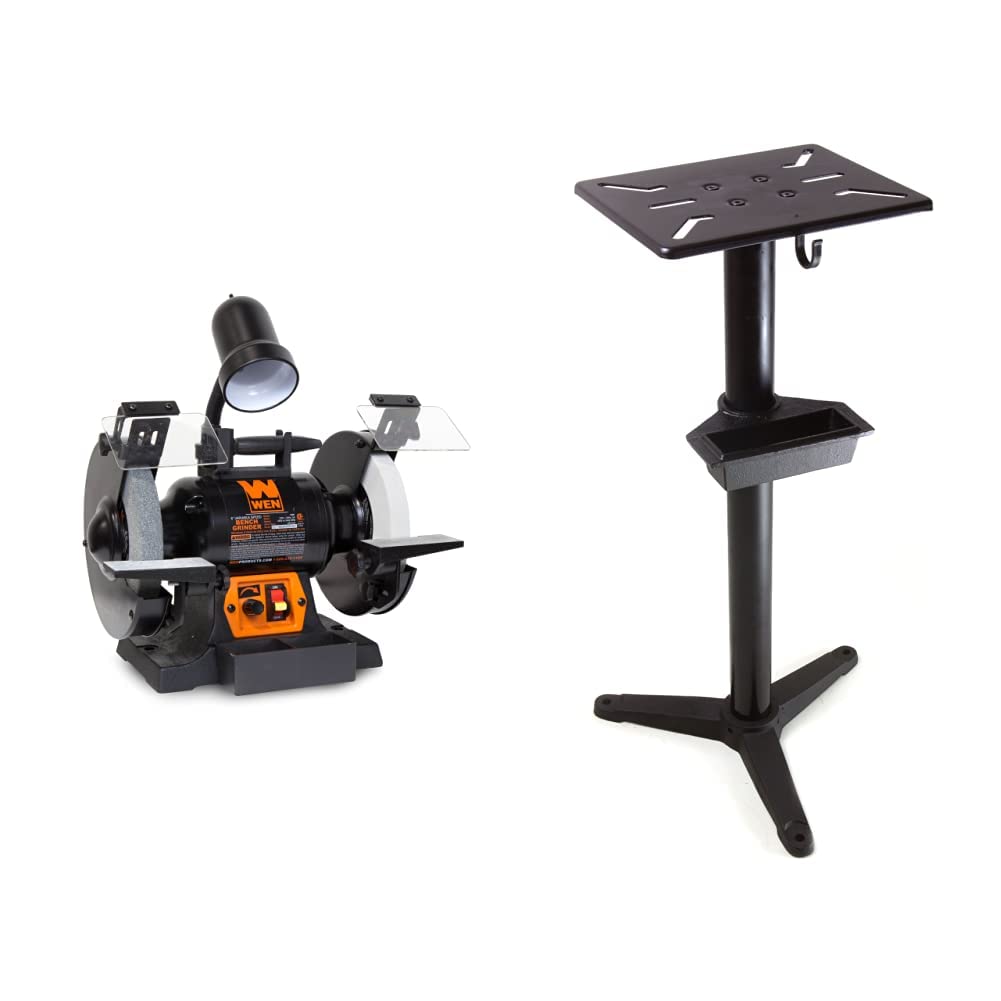 WEN BG4280 5-Amp 8-Inch Variable Speed Bench Grinder with Flexible Work Light, Black,orange and WEN Bench Grinder Stand, 32-Inch with Water Pot (4288T), Black
