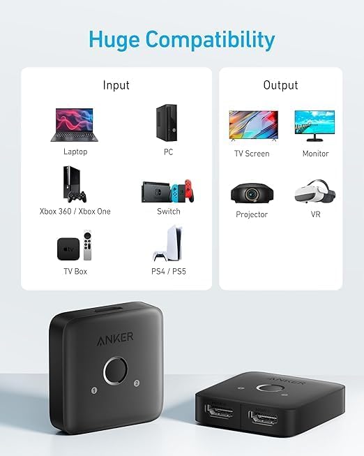 Anker 4K@60Hz 2 1 3D, Dolby, PS5 PS4, HDMI Switch, HDMI Switcher, in Out with Smooth Finish, Supports HDR, Compatible