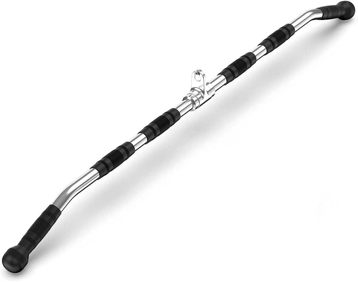 LAT Bar Cable Attachment with Rubber Handgrips, Deluxe Heavy Duty Solid Curl Bar Revolving Hanger Home Gym Cable Attachments (48 in Lat Bar)