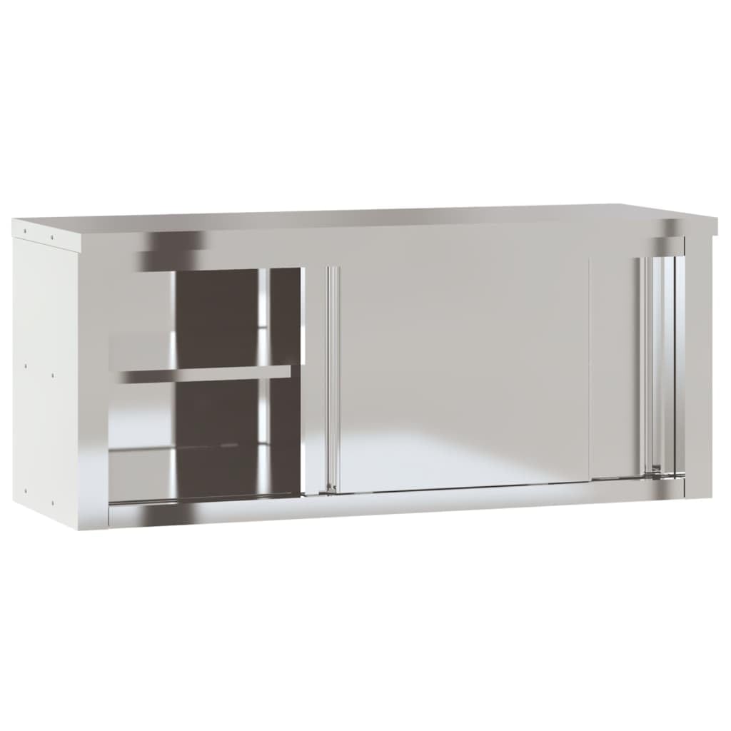 vidaXL Stainless Steel Kitchen Wall Cabinet with Sliding Doors - 43.3x15.7x18.1 in, Silver, Wall-Mount Storage for Commercial Kitchens, Bars, Schools, 376443
