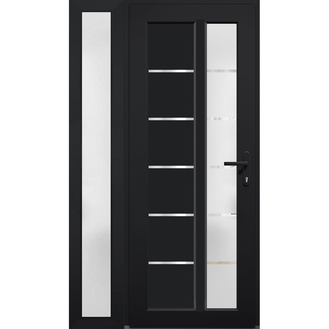 VDOMDOORS Front Exterior Prehung Fiberglass Door Frosted Glass/Manux 8088 Matte Black/Side Exterior Window/Entrance Patio Garage-W30+12" x H80-Left-hand Inswing