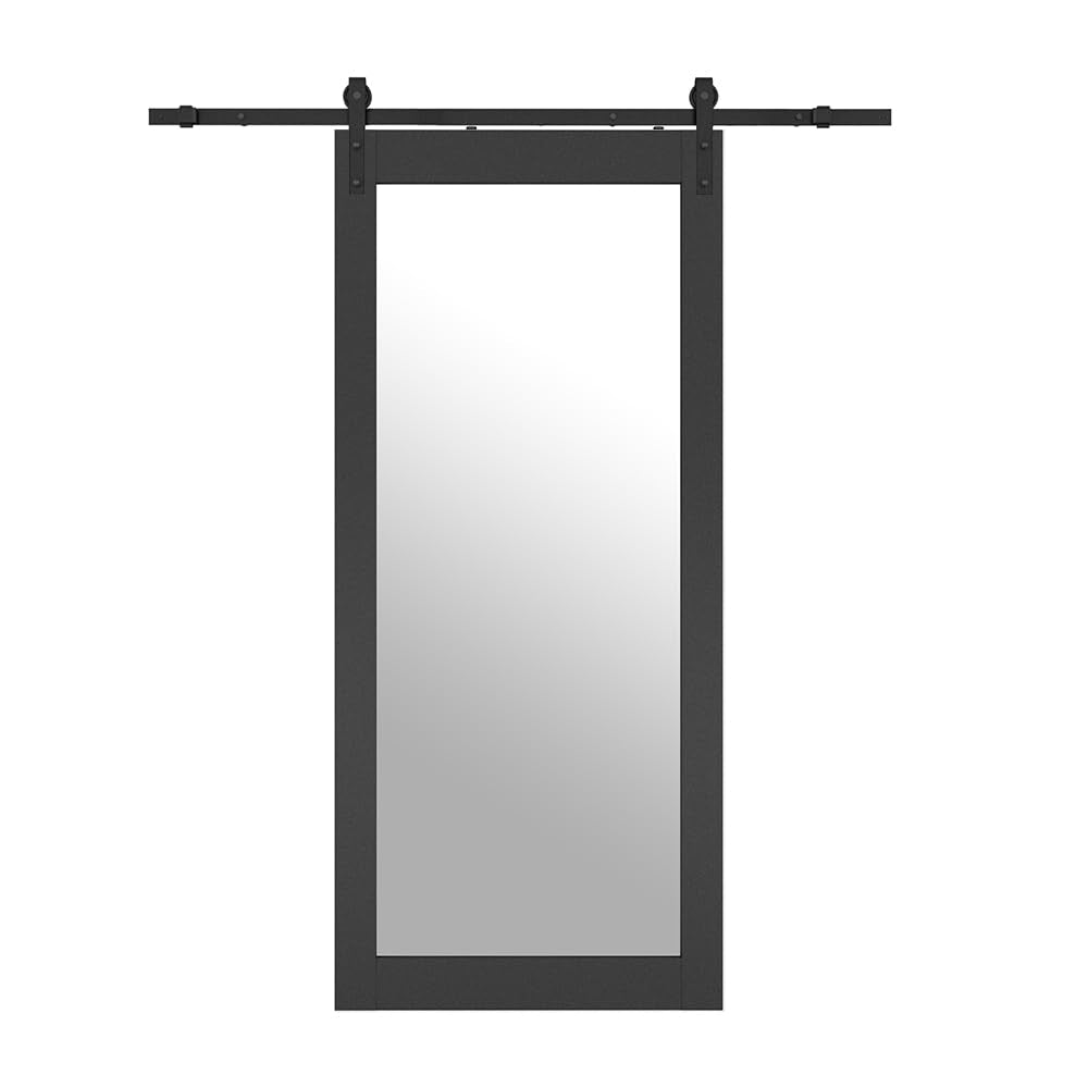36 in. x 84 in. Mirrored Glass Black MDF Interior Sliding Barn Door with Hardware Kit and Door Handle