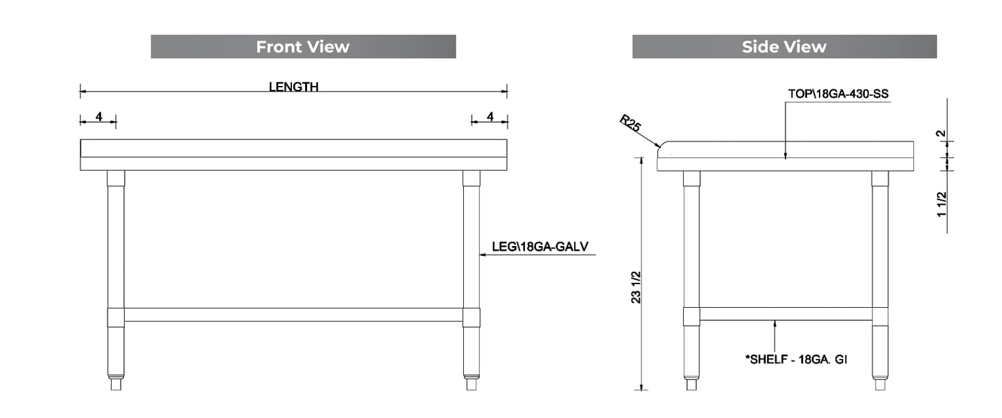 Empura 48" x 30" Stainless Steel Equipment Stand | Commercial Prep Work Table for Kitchen Garage | 2" Backsplash, Galvanized Undershelf Legs, 750 lbs Capacity, 48" W x 30" D x 25.5" H, 18 Gauge, NSF