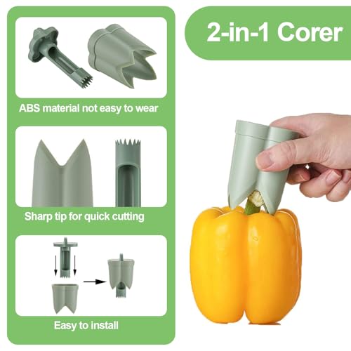 Pepper Corer,Chili Seed Remover Tool,Durable ABS Kitchen Gadget for Bell & Chili Peppers, 2-in-1 Design, Easy Twist Use, Ideal for Home Cooking, Camping(Green)