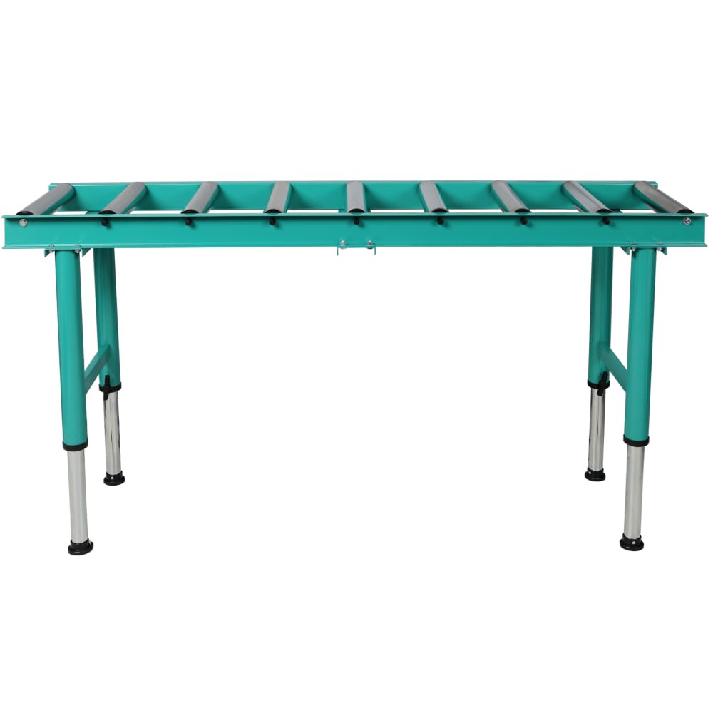 Heavy Duty Roller Conveyor Stand, 9 Roll Adjustable Height, Green Steel, 65x18 Inch, 440 lbs Capacity