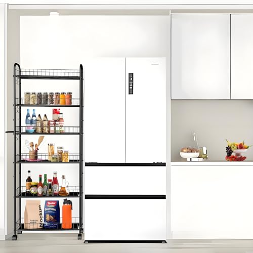 Seadasyoon 6in 6 Tier Slim Storage Cart with Wheels, Black Narrow Space Rolling Shelving Unit with Handle, Metal Wire Mobile Organizer Rack for Kitchen Bathroom Office Laundry