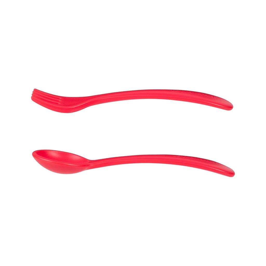 Lollaland 5 Piece Plastic Toddler Silverware Spoon and Fork Utensil Set - Reusable Toddler Cutlery With Hygienic Travel Pouch (Red) - 1 SET