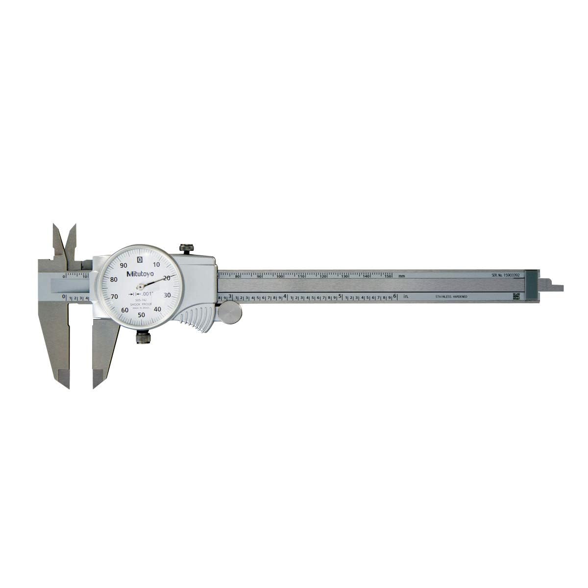 Mitutoyo 505-742J Dial Caliper, 0-6" Range, 0.001" Accuracy, 0.1"/Rev, Smooth Dial Movement with Shock Protection, Lock Screw, Improved Readability, Measures OD, ID, Depth & Steps