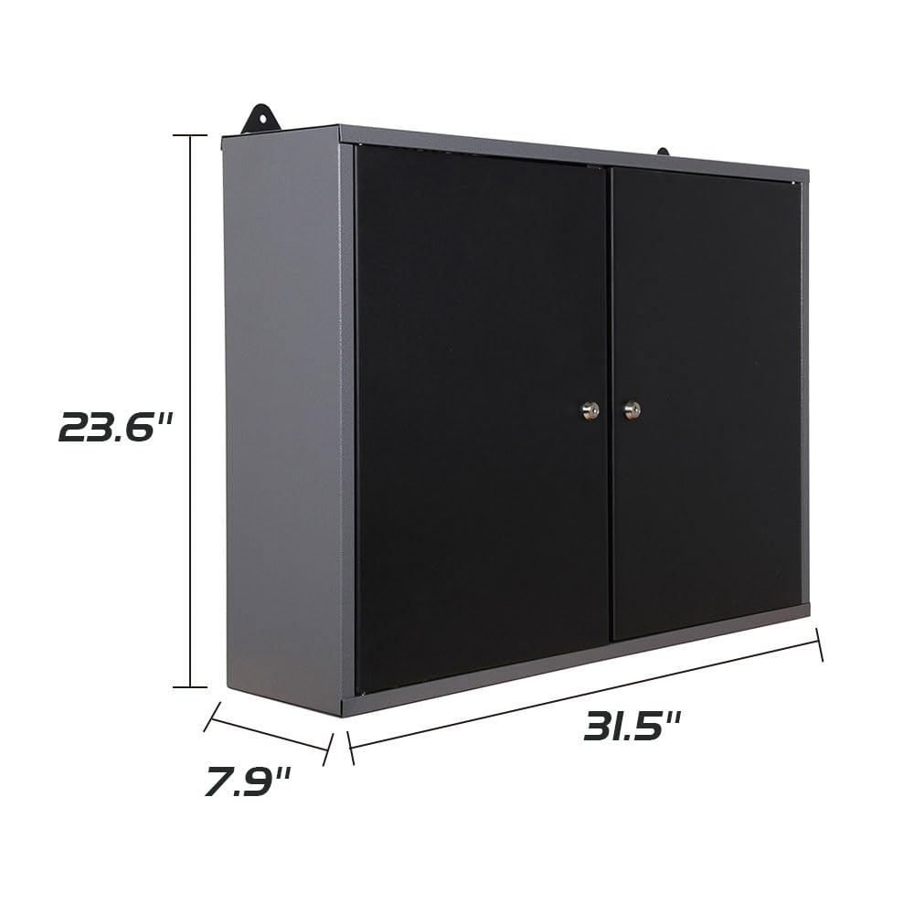 JZD Metal Wall Mounted Tool Cabinet with Lockable Doors, for Garage Basement Workshop, Black & Grey